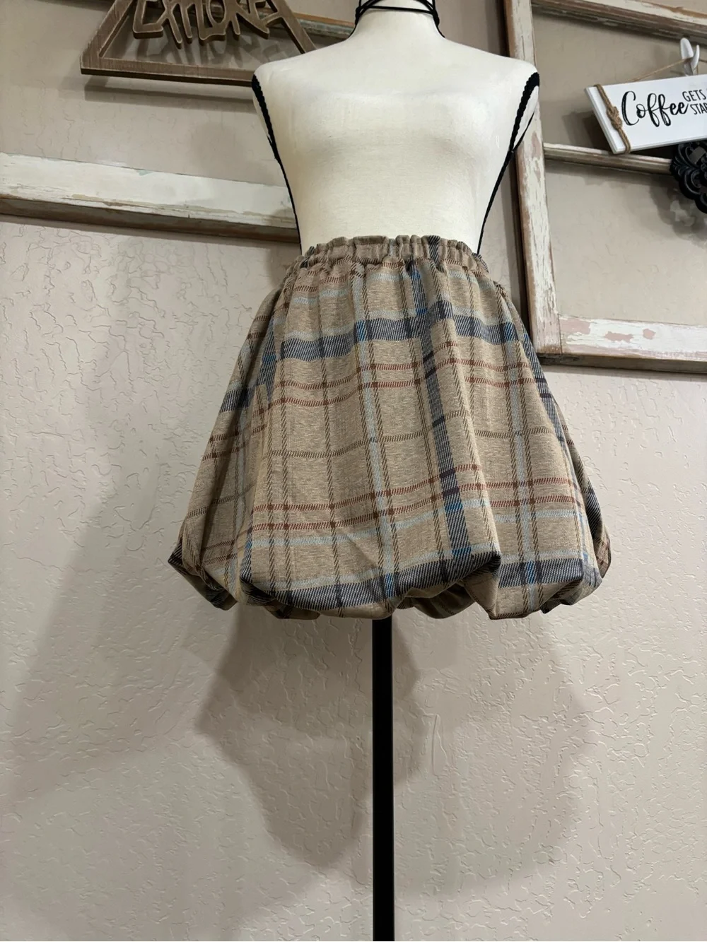 Beige Plaid Bubble Mini Skirt